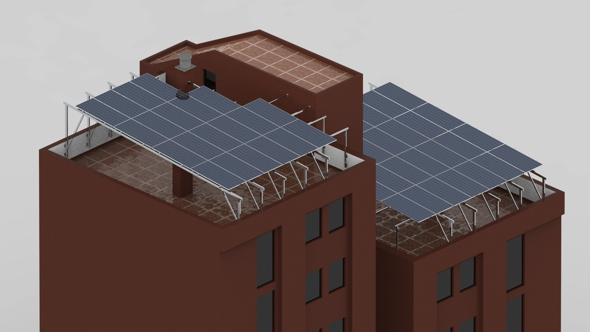 Vista isométrica del diseño de estructura fotovoltaica residencial colectiva. Imagen realizada por Atreydes Ingeniería.