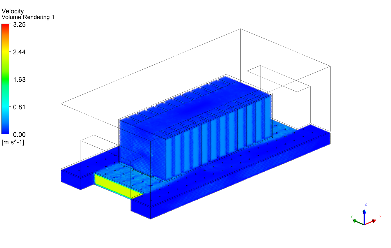 Figura 3D de velocidades en la validación térmica de Data Centers. Análisis realizado por Atreydes Ingeniería